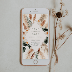 Digital Save the Date Evite, Electronic Save The Date Template, Boho Save the Date, Pampas Grass Save the Date, Templett