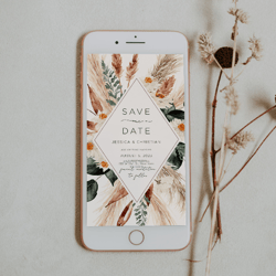 digital save the date evite, electronic save the date template, boho save the date, pampas grass save the date, templett
