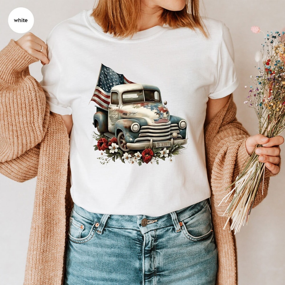 Memorial Day Gifts, Floral American Car Graphic Tees, 4th of July TShirt, Gift for Him, American Flag Outfit, Independence Day Clothing - 2.jpg