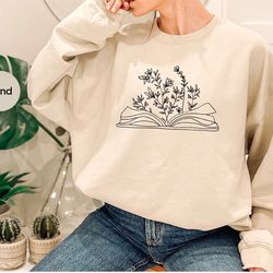 minimalist book hoodies, cute wild flower sweatshirt, gifts for bookworm, reading book long sleeve shirt, aesthetic flor