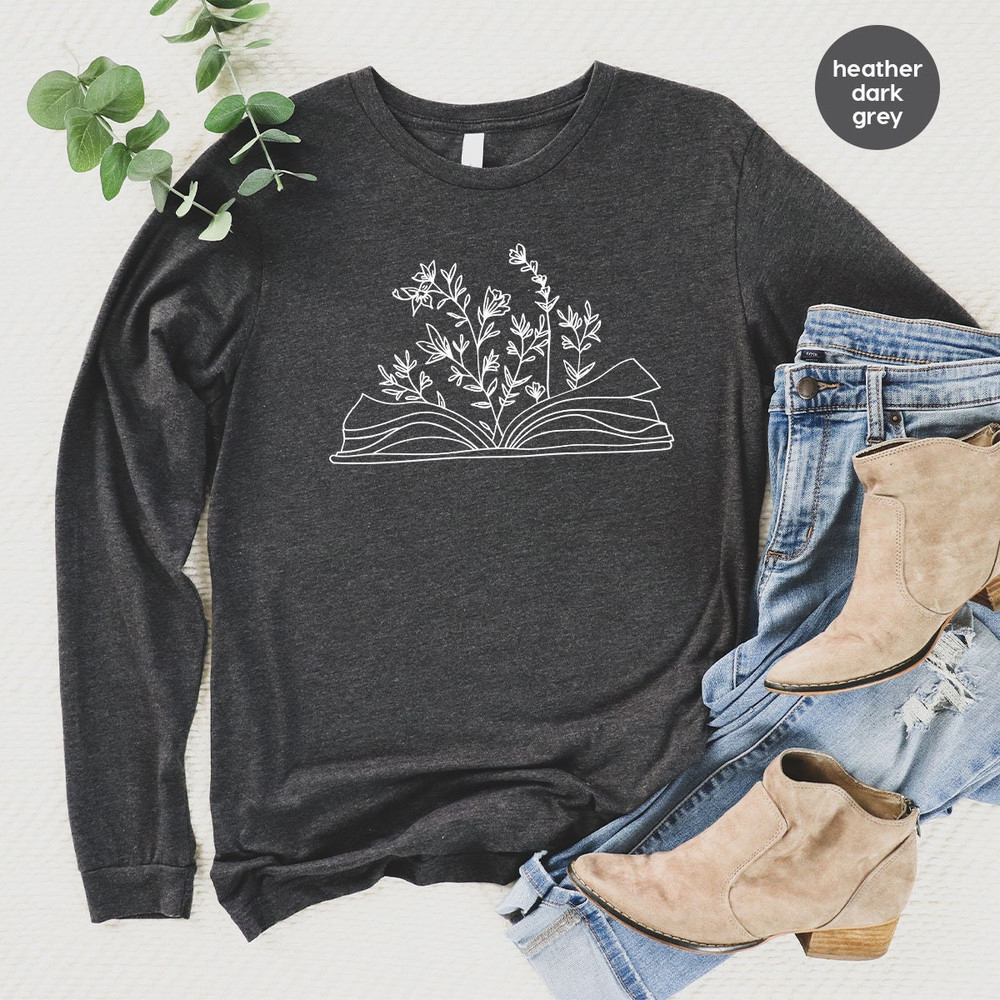 Minimalist Book Hoodies, Cute Wild Flower Sweatshirt, Gifts for Bookworm, Reading Book Long Sleeve Shirt, Aesthetic Floral Hoodie - 4.jpg