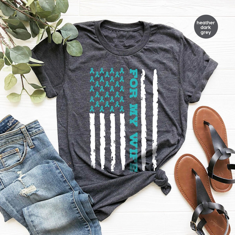 Retro Ovarian Cancer TShirt, Gift for Wife, Support Graphic Tees, American Flag Vneck Shirt, Ovarian Cancer Survivor Gift, Cancer Awareness - 1.jpg