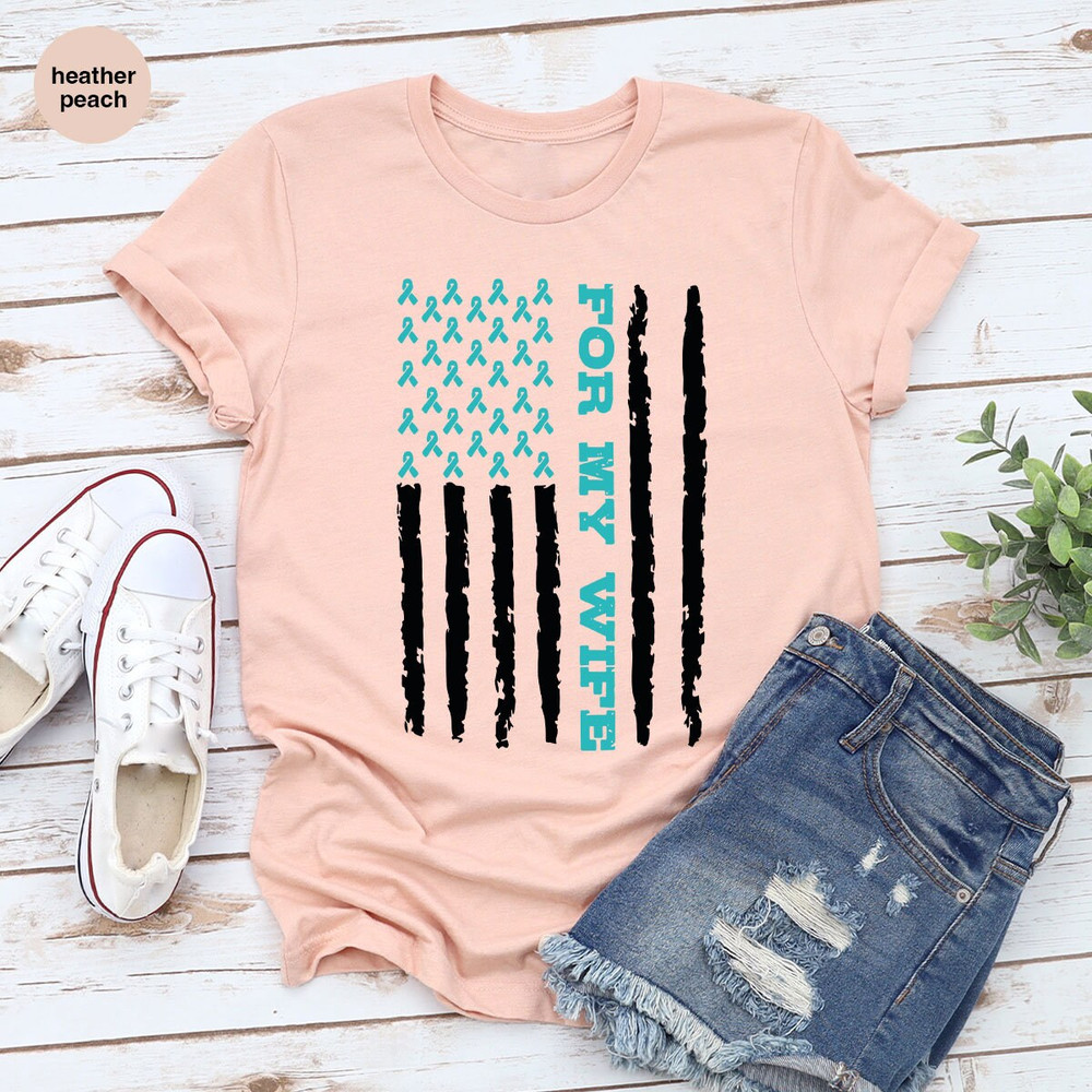 Retro Ovarian Cancer TShirt, Gift for Wife, Support Graphic Tees, American Flag Vneck Shirt, Ovarian Cancer Survivor Gift, Cancer Awareness - 2.jpg