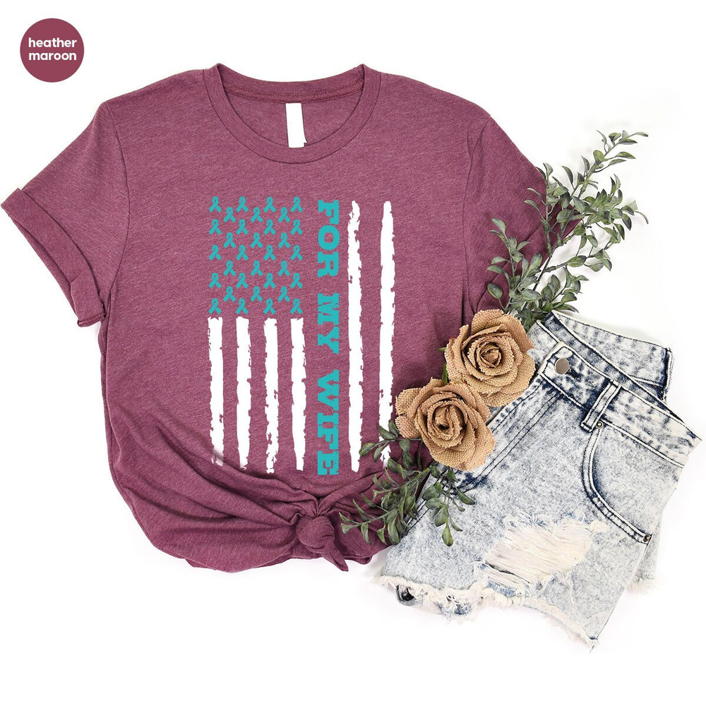 Retro Ovarian Cancer TShirt, Gift for Wife, Support Graphic Tees, American Flag Vneck Shirt, Ovarian Cancer Survivor Gift, Cancer Awareness - 6.jpg