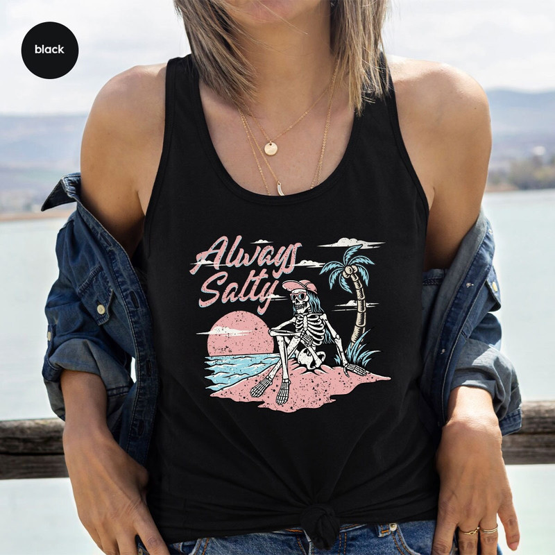 Salty Beach Tank, Funny Skeleton Tank, Summer Tank, Beach Graphic Tees, Skull Vneck Tank, Holiday Tank, Gift for Her, Summer Outfit - 1.jpg