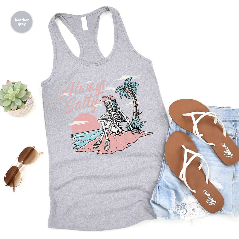 Salty Beach Tank, Funny Skeleton Tank, Summer Tank, Beach Graphic Tees, Skull Vneck Tank, Holiday Tank, Gift for Her, Summer Outfit - 3.jpg