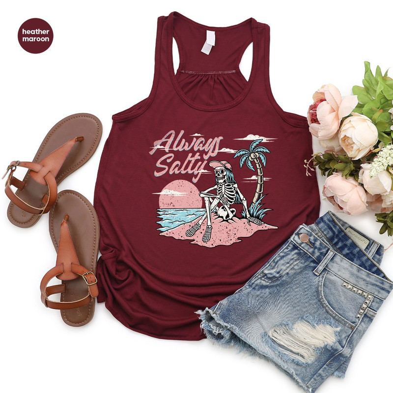 Salty Beach Tank, Funny Skeleton Tank, Summer Tank, Beach Graphic Tees, Skull Vneck Tank, Holiday Tank, Gift for Her, Summer Outfit - 4.jpg