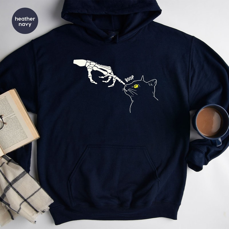 Skeleton Hand Cute Cat Graphic Hoodies for Women, Funny Skeleton Cat Halloween Long Sleeve Shirts, Unisex Halloween Skeleton Sweatshirts - 5.jpg