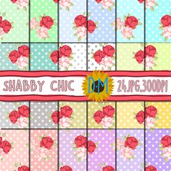 shabby chic digital paper set, 24 seamless patterns for scrapbooking and crafting, damask flowers background