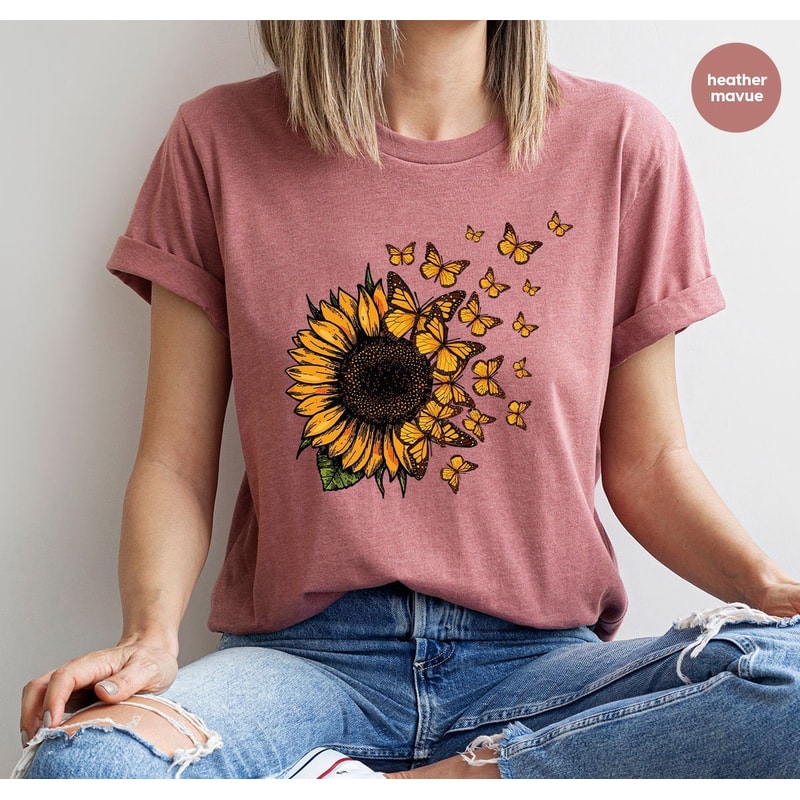 Sunflower Shirt, Butterfly Crewneck Sweatshirt, Graphic Tees for Women, Gift for Her, Inspirational Outfit, Mothers Day Gift, Gift for Women - 1.jpg