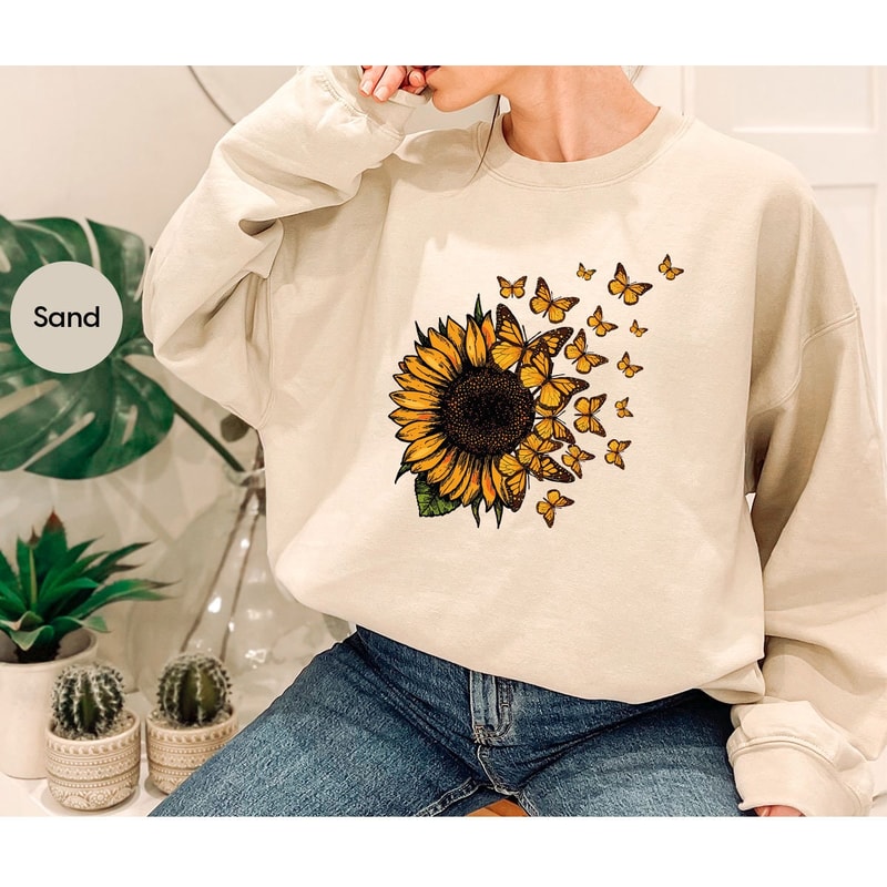 Sunflower Shirt, Butterfly Crewneck Sweatshirt, Graphic Tees for Women, Gift for Her, Inspirational Outfit, Mothers Day Gift, Gift for Women - 7.jpg