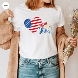 Trendy 4th of July Gift, Independence Day Shirt, USA Heart Graphic Tee, Memorial Day Clothing, Cool American Flag VNeck