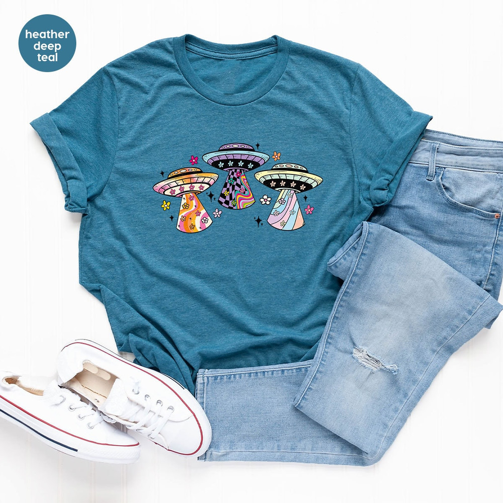 Trendy Space Shirts, Alien Clothing, Cool Flower Graphic Tees, Floral Space Toddler TShirts, Gifts for Women, Space Aircraft VNeck T-Shirt - 3.jpg