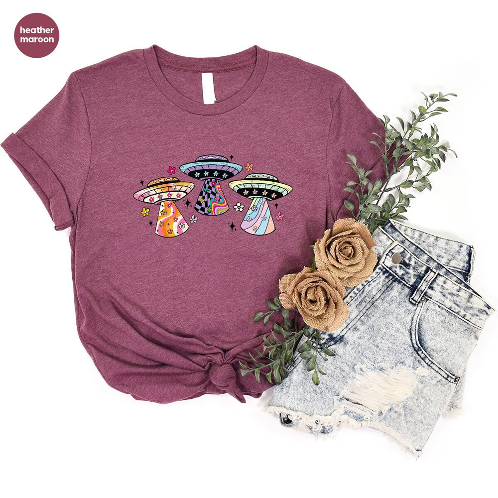 Trendy Space Shirts, Alien Clothing, Cool Flower Graphic Tees, Floral Space Toddler TShirts, Gifts for Women, Space Aircraft VNeck T-Shirt - 4.jpg
