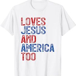 retro loves jesus and america too god christian 4th of july t-shirt