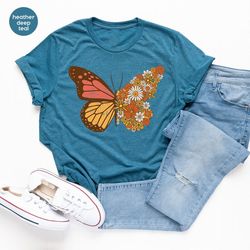vintage butterfly t shirt, flower butterfly graphic tee for women, aesthetic butterfly spring shirt, crewneck retro flor