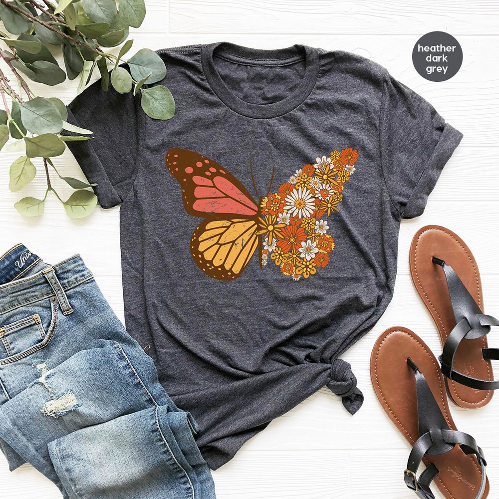 Vintage Butterfly T Shirt, Flower Butterfly Graphic Tee For Women, Aesthetic Butterfly Spring Shirt, Crewneck Retro Floral Butterfly Shirt - 2.jpg