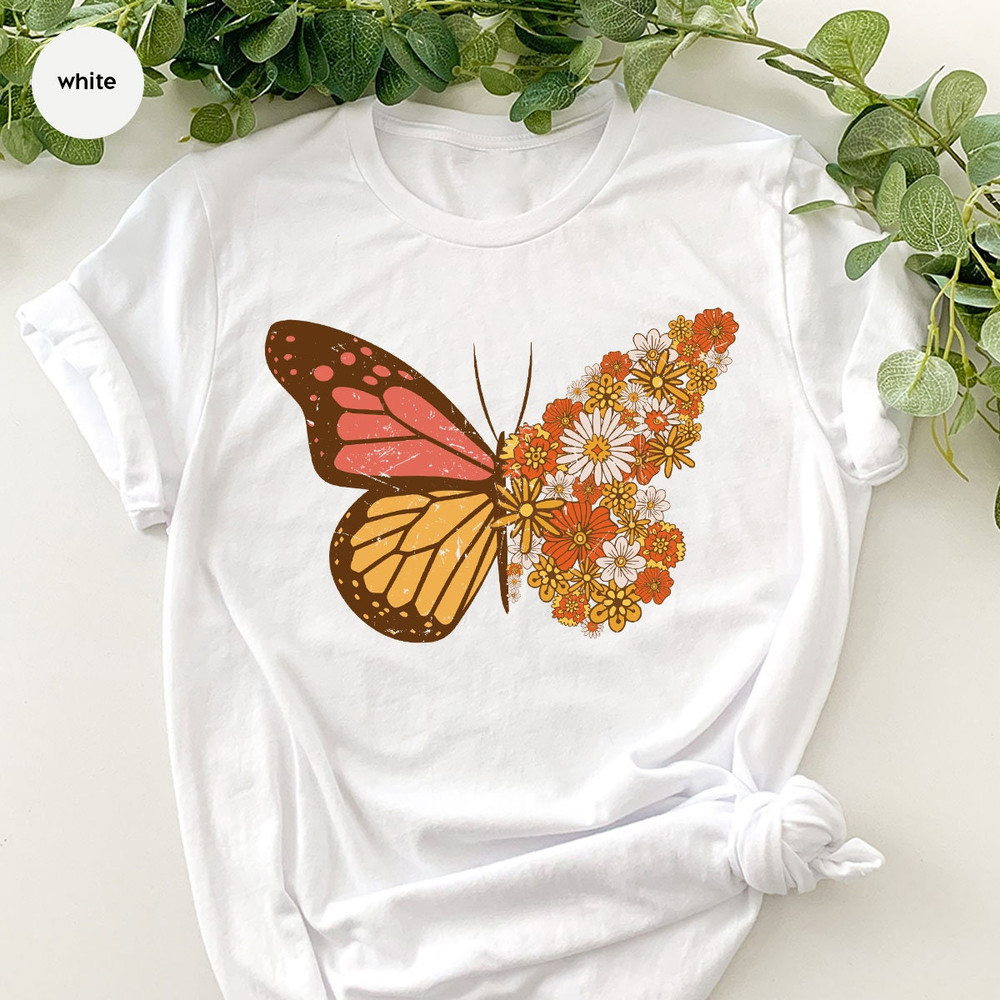 Vintage Butterfly T Shirt, Flower Butterfly Graphic Tee For Women, Aesthetic Butterfly Spring Shirt, Crewneck Retro Floral Butterfly Shirt - 5.jpg