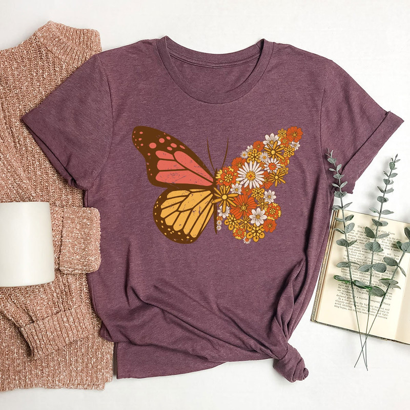 Vintage Butterfly T Shirt, Flower Butterfly Graphic Tee For Women, Aesthetic Butterfly Spring Shirt, Crewneck Retro Floral Butterfly Shirt - 6.jpg