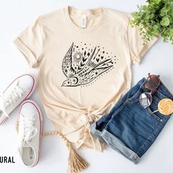 bird t-shirt, floral sun moon shirt, boho graphic women shirt, celestial graphic birds, freedom bird shirt, gift for mot