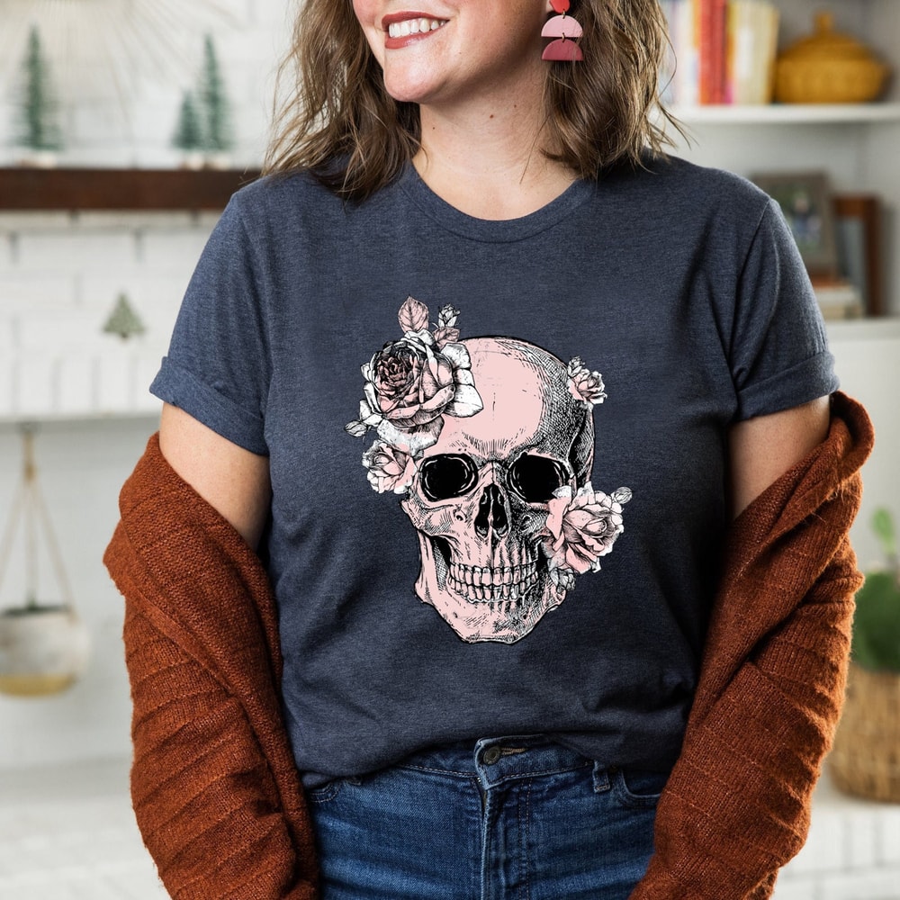 Bloom Skull Womens T-Shirt, Sugar Skull Art Tshirt Gift For Her, Floral Skull Print Boho Graphic Tee, Flower Skull Bella Canvas T-Shirt - 4.jpg