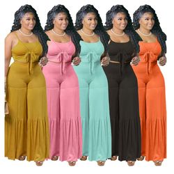 Trendy casual plus size women clothes clothing summer tank top and flare pants two 2 piece set fat lady (US Customer)