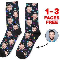 custom face socks, retro game face photo socks, personalized gaming socks, picture socks, funny gift for her, him or bes