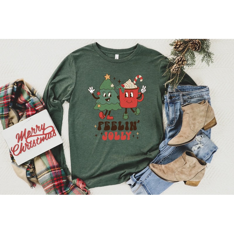 Feeling Jolly Holiday Long Sleeve Shirt, Vintage Christmas Sweatshirt, Cute Santa, Xmas Graphic Pullover, Holiday Ugly Sweater - 2.jpg