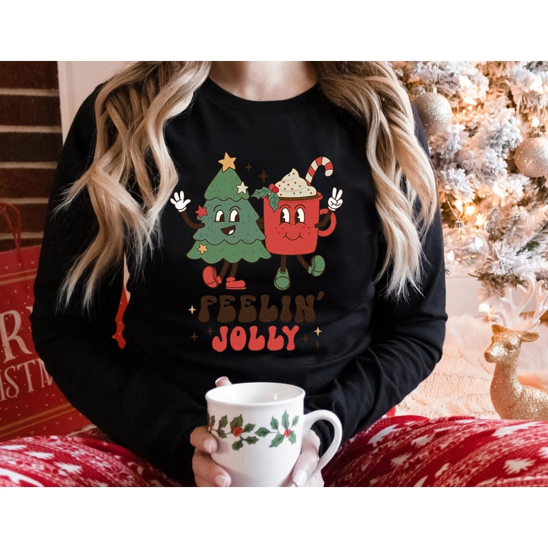 Feeling Jolly Holiday Long Sleeve Shirt, Vintage Christmas Sweatshirt, Cute Santa, Xmas Graphic Pullover, Holiday Ugly Sweater - 4.jpg