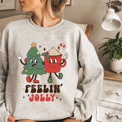 feeling jolly holiday sweater, vintage christmas, christmas sweatshirt, cute santa, xmas graphic pullover, holiday ugly