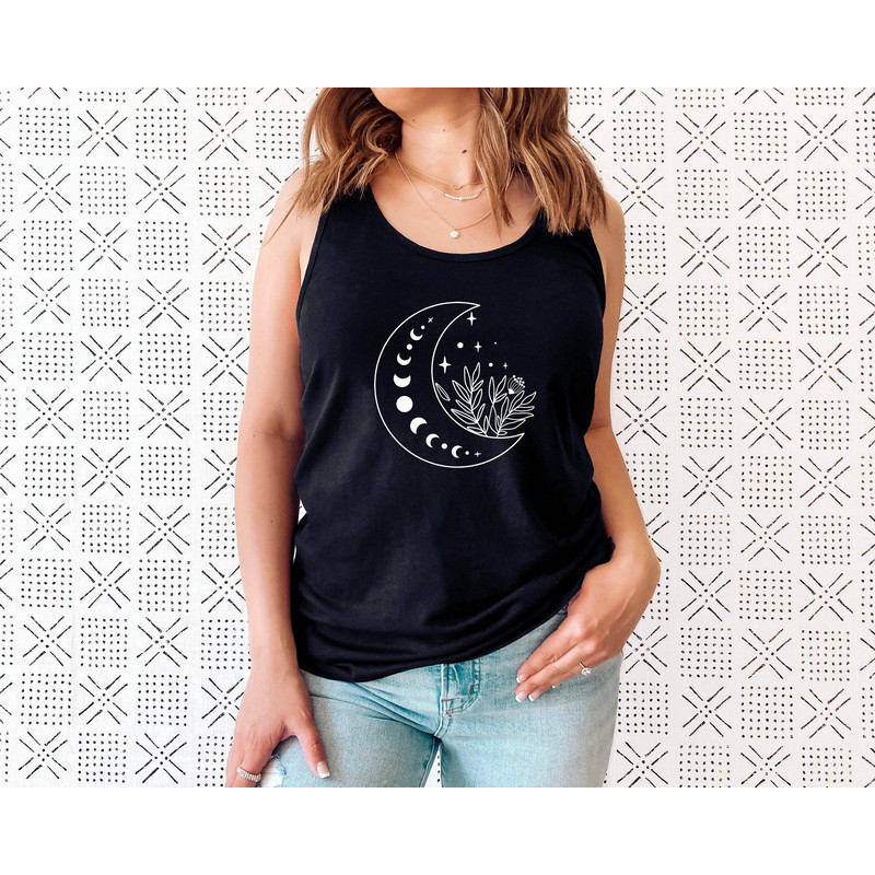 Floral Moon Tank, Moon Top T shirt, Moon Wildflower Tee, Moon Phases Tank, Moon Boho Tank, Astronomy Tee, Celestial Tank - 3.jpg