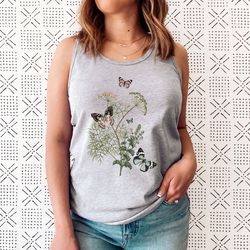 flower tank t shirt, butterfly gift for her, women trendy tank, spring concept, wild meadow flower nature top, floral ga