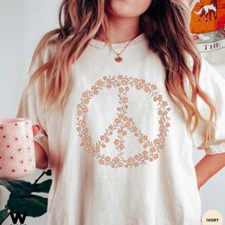 hippie peace sign shirt, boho peace oversized tee, floral peace symbol, wildflowers t-shirt, peace symbol shirt, graphic