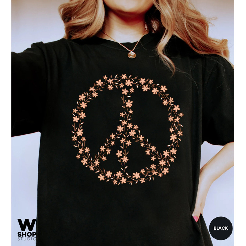 Hippie Peace Sign Shirt, Boho Peace Oversized Tee, Floral Peace Symbol, Wildflowers T-Shirt, Peace Symbol Shirt, Graphic Tees For Women - 6.jpg