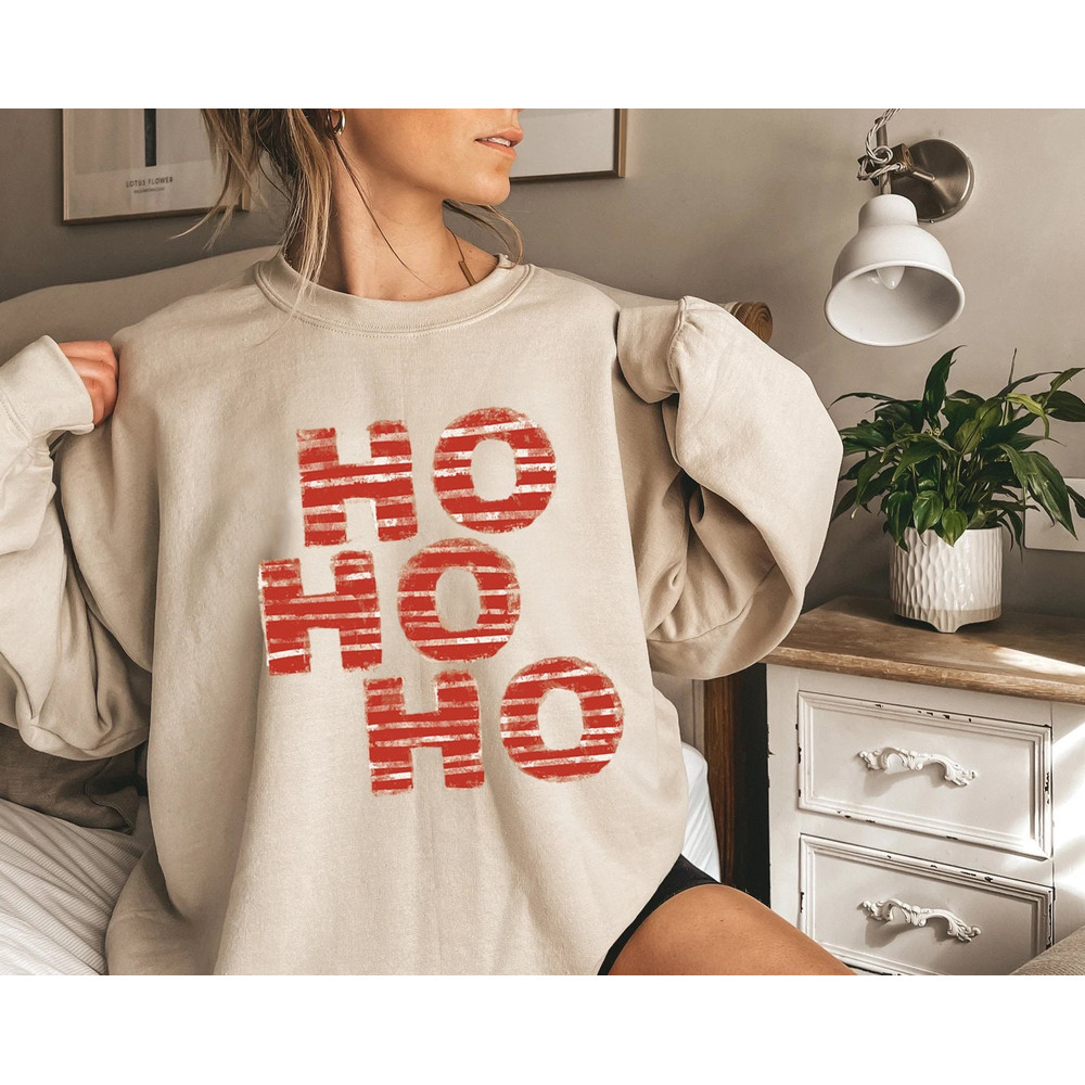 HO HO HO Sweatshirt, Merry Christmas Tree Hoodie, Unisex Adult Funny Holiday shirt, Vintage Merry and Bright Xmas Crew tee - 1.jpg