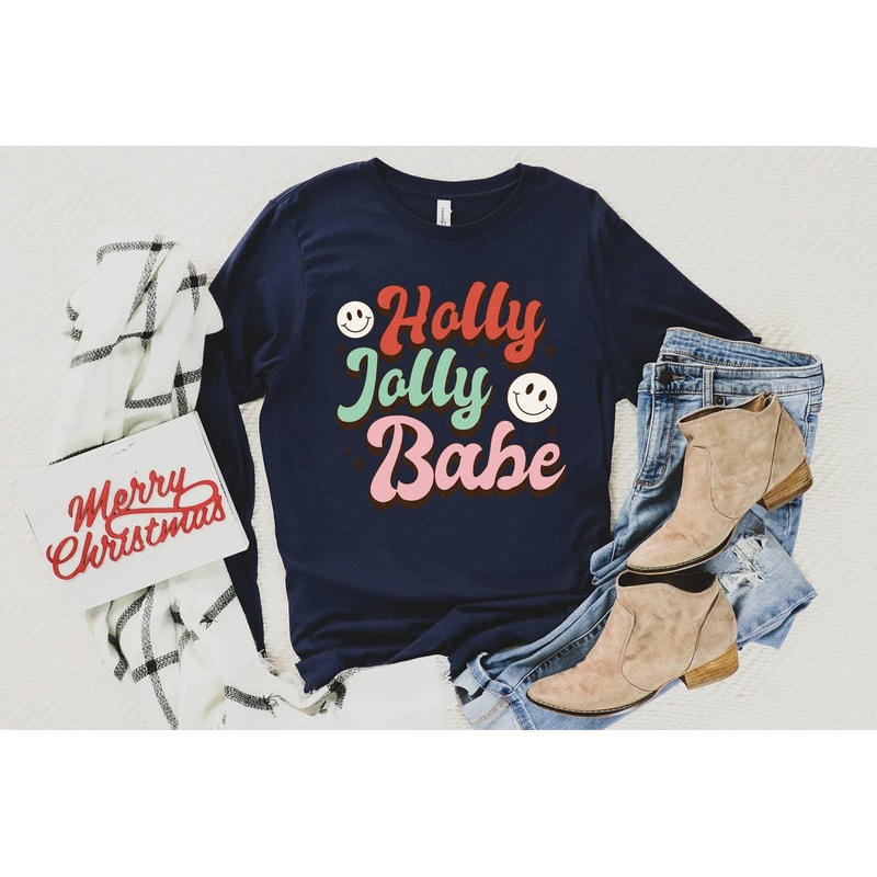 Holly Jolly Babe Christmas Shirt, Retro Christmas Long Sleeve Tee, Retro Xmas sweatshirt, Christmas holiday apparel, Long Sleeve T shirt - 3.jpg