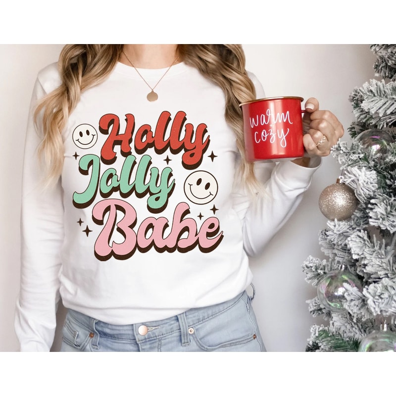 Holly Jolly Babe Christmas Shirt, Retro Christmas Long Sleeve Tee, Retro Xmas sweatshirt, Christmas holiday apparel, Long Sleeve T shirt - 4.jpg
