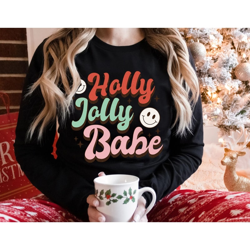 Holly Jolly Babe Christmas Shirt, Retro Christmas Long Sleeve Tee, Retro Xmas sweatshirt, Christmas holiday apparel, Long Sleeve T shirt - 5.jpg