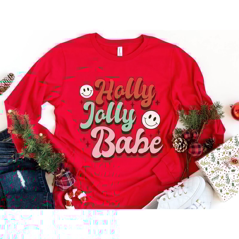 Holly Jolly Babe Christmas Shirt, Retro Christmas Long Sleeve Tee, Retro Xmas sweatshirt, Christmas holiday apparel, Long Sleeve T shirt - 6.jpg