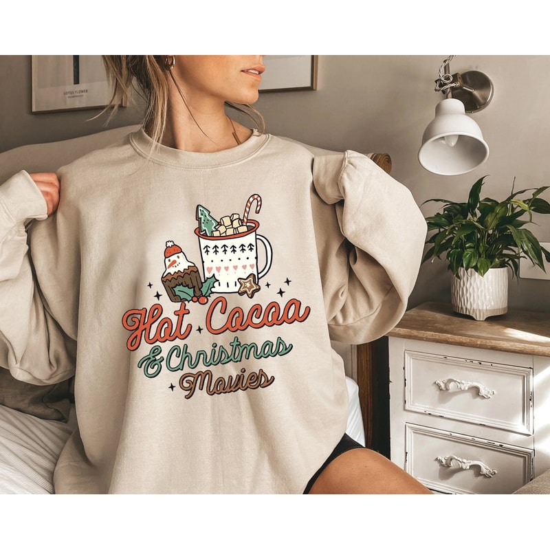 Hot Cocoa And Christmas Movies Sweater, Vintage Christmas Sweatshirt, Women's Cute Santa, Xmas Graphic Pullover, Holiday Ugly Sweater - 1.jpg