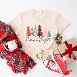 ladies merry bright christmas shirt, women christmas tree shirt, cute christmas shirt, women holiday shirt, graphic tee