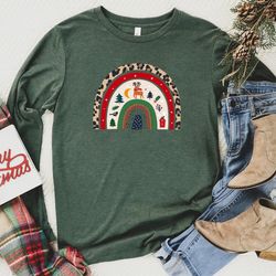 Rainbow Christmas Sweatshirt, Merry & Bright Long Sleeve Shirt, Women Gift Idea, Trendy Christmas Rainbow, Long Sleeve T