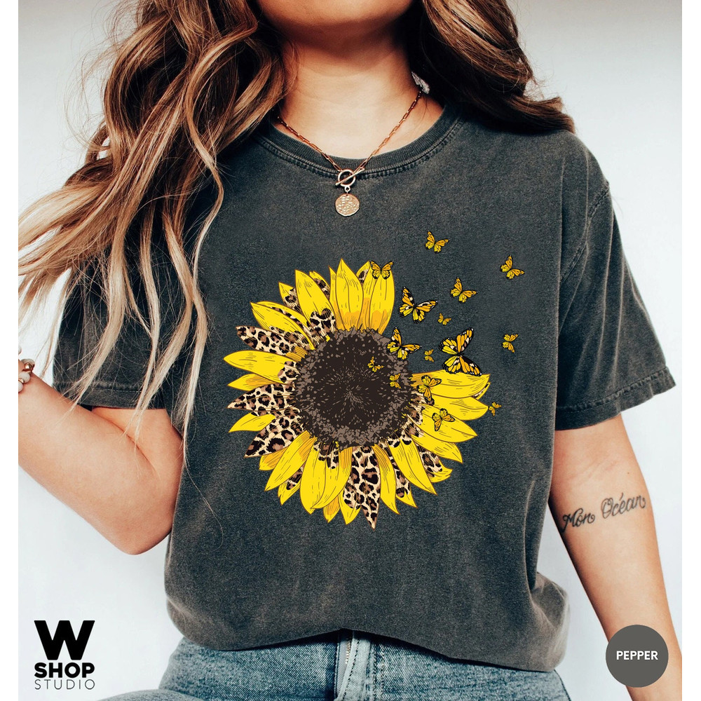 Sunflower Shirt, Leopard Floral Tee Shirt, Butterfly Flower Shirt, Garden Shirt, Oversized Tshirt, Comfort Colors - 1.jpg