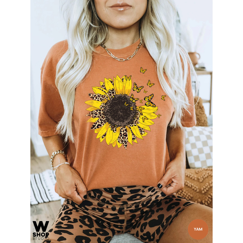 Sunflower Shirt, Leopard Floral Tee Shirt, Butterfly Flower Shirt, Garden Shirt, Oversized Tshirt, Comfort Colors - 7.jpg