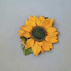 Sunflower leather brooch 3rd anniversary gift for wife, Leather women's jewelry