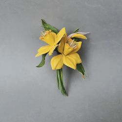 Yellow daffodils leather brooch 3rd anniversary gift for wife, Leather women's jewelry, art.13