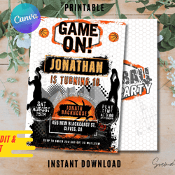 basketball invitation party, basketball editable invitation, canva personalized printable and instant download