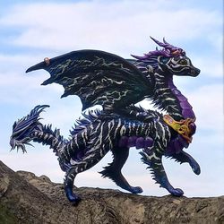 king of the storm, black and purple handmade dragon. lightning-striped tiger-dragon sculpture