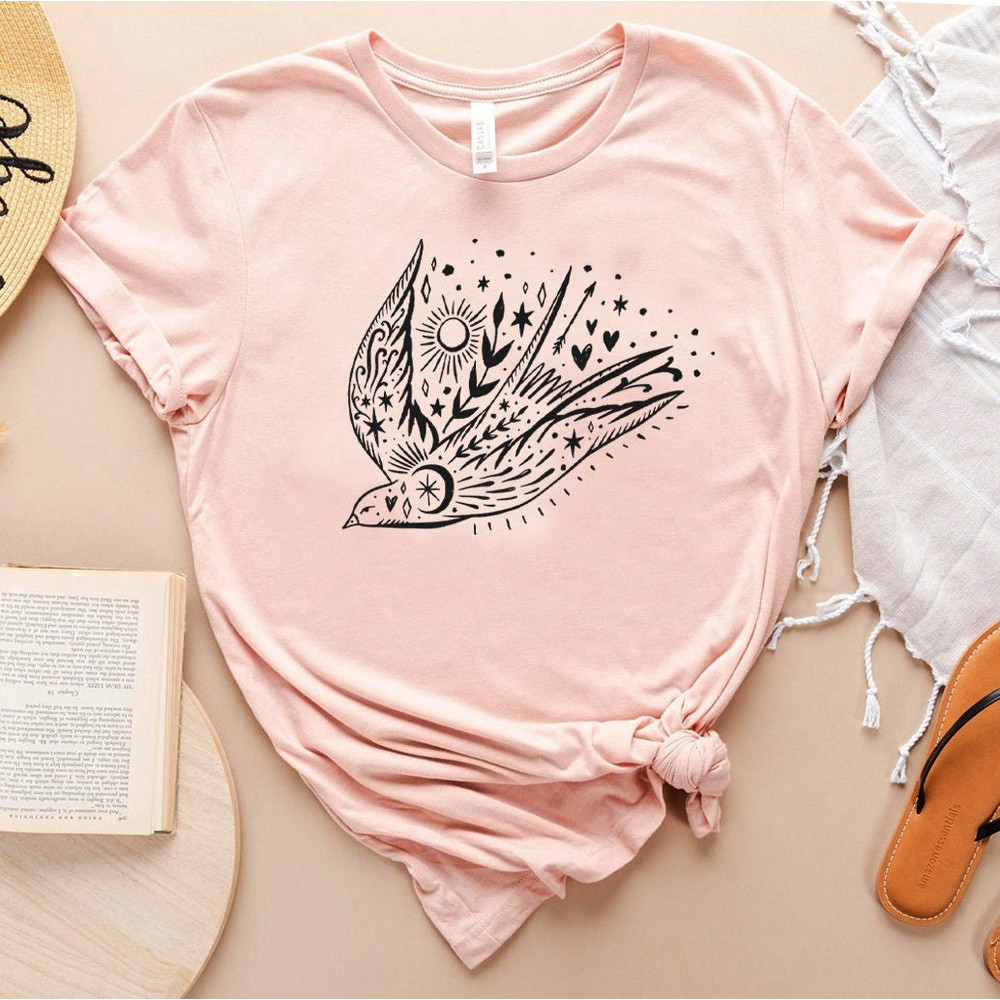 Bird T-shirt, Floral Sun Moon Shirt, Boho Graphic Women Shirt, Celestial Graphic Birds, Freedom Bird shirt, Gift for Mother, Sister Gift - 2.jpg