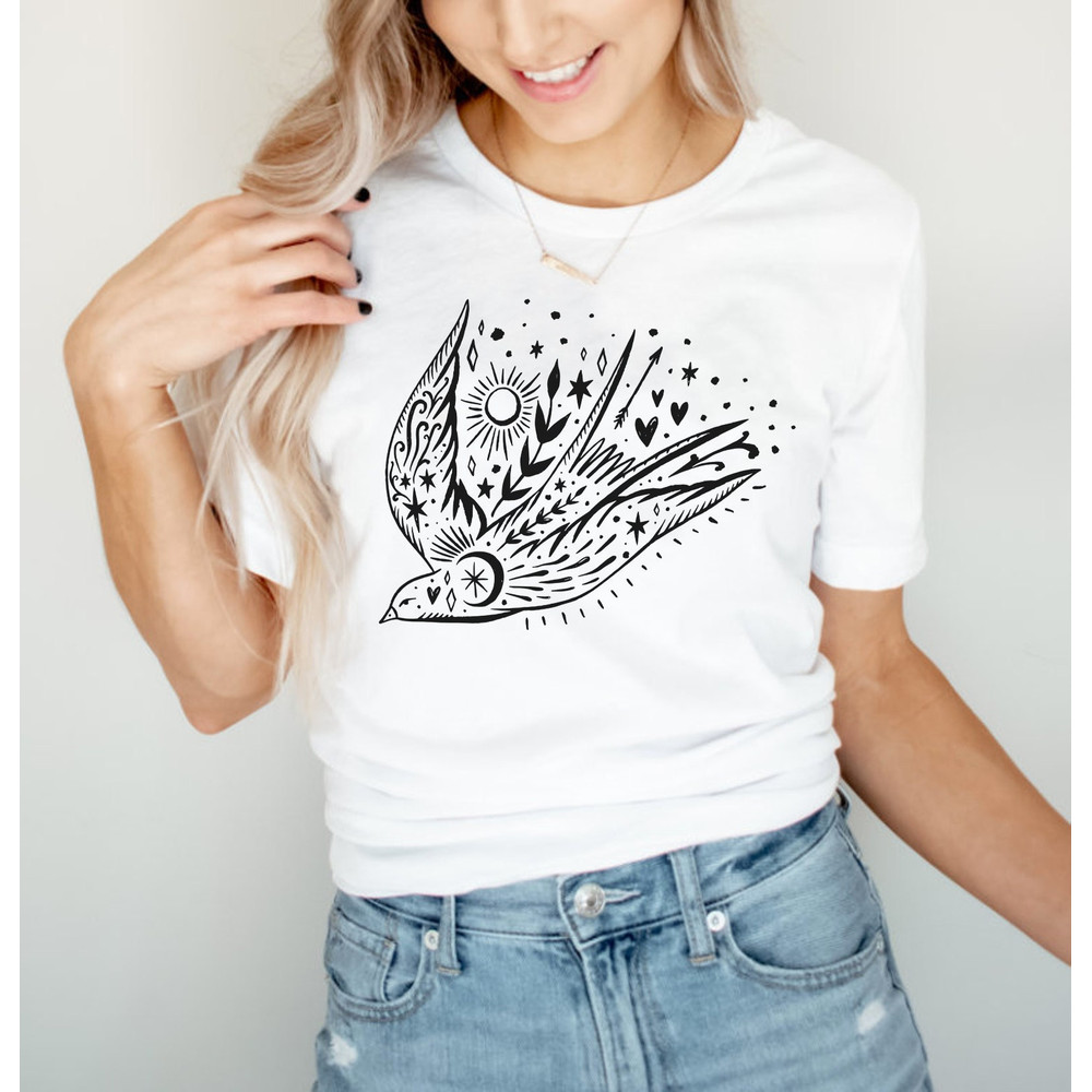 Bird T-shirt, Floral Sun Moon Shirt, Boho Graphic Women Shirt, Celestial Graphic Birds, Freedom Bird shirt, Gift for Mother, Sister Gift - 3.jpg